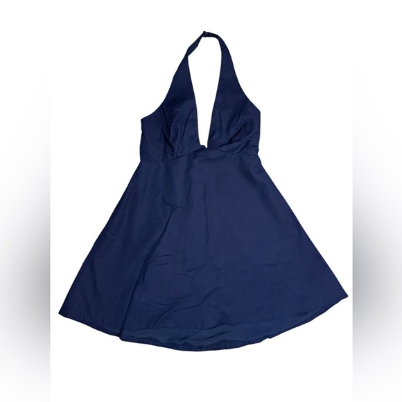 Halston Heritage Navy Blue Halter Flare Dress Size 8 - Picture 2 of 7